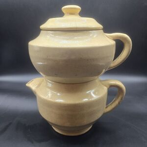 COFFEEPOT BIGGIN Beige STONE WARE FOUR PIECES ANTIQUE COUNTRY Rustic  Cottage